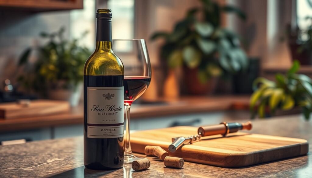 A beautifully arranged kitchen counter showcasing an open bottle of red wine, half-filled, with a stunning wine glass beside it capturing the light. The bottle features an elegant label and is positioned prominently in the foreground. In the middle ground, fresh wine corks and a stylish corkscrew rest subtly on a rustic wooden cutting board. The background is softly blurred, adorned with lush houseplants and warm, ambient lighting, reminiscent of a cozy evening. A hint of natural sunlight streams through a nearby window, enhancing the inviting atmosphere. The composition should emphasize freshness and care in wine storage, capturing the essence of practicality and warmth. No human subjects present, ensuring a clean and focused visual narrative. A beautifully arranged kitchen counter showcasing an open bottle of red wine, half-filled, with a stunning wine glass beside it capturing the light. The bottle features an elegant label and is positioned prominently in the foreground. In the middle ground, fresh wine corks and a stylish corkscrew rest subtly on a rustic wooden cutting board. The background is softly blurred, adorned with lush houseplants and warm, ambient lighting, reminiscent of a cozy evening. A hint of natural sunlight streams through a nearby window, enhancing the inviting atmosphere. The composition should emphasize freshness and care in wine storage, capturing the essence of practicality and warmth. No human subjects present, ensuring a clean and focused visual narrative.