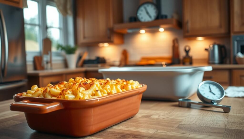 A beautifully composed kitchen scene focused on a deliciously baked mac and cheese dish, prominently placed in a rustic, warm-colored casserole dish. In the foreground, the dish is golden-brown on top, with bubbling cheese slightly spilling over the edges, showcasing the perfect timing of doneness. Surrounding the dish, measuring tools like a timer and temperature gauge are placed neatly to emphasize timing and temperature cues. The middle ground features a cozy, inviting kitchen with wooden cabinets and soft, diffused lighting filtering through a window. In the background, a clock on the wall indicates the ideal baking time, enhancing the theme of timing. The atmosphere is warm and homey, perfect for a family gathering, enticing viewers with the aroma of freshly baked comfort food. A beautifully composed kitchen scene focused on a deliciously baked mac and cheese dish, prominently placed in a rustic, warm-colored casserole dish. In the foreground, the dish is golden-brown on top, with bubbling cheese slightly spilling over the edges, showcasing the perfect timing of doneness. Surrounding the dish, measuring tools like a timer and temperature gauge are placed neatly to emphasize timing and temperature cues. The middle ground features a cozy, inviting kitchen with wooden cabinets and soft, diffused lighting filtering through a window. In the background, a clock on the wall indicates the ideal baking time, enhancing the theme of timing. The atmosphere is warm and homey, perfect for a family gathering, enticing viewers with the aroma of freshly baked comfort food.