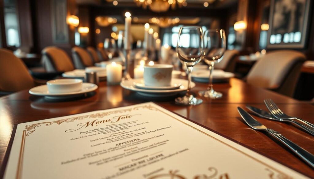 A beautifully designed fine dining menu is displayed prominently on a polished wooden table, showcasing an elegant layout with intricate calligraphy and rich colors. In the foreground, the menu features sections for appetizers, main courses, and desserts, adorned with delicate floral motifs. In the middle ground, a luxurious table setting is evident, including fine porcelain plates, crystal glassware, and polished silverware, all reflecting soft candlelight, creating a warm and inviting atmosphere. The background shows a tastefully decorated restaurant interior with plush seating and ambient lighting, enhancing the sophisticated mood. The scene is captured from a slightly elevated angle, using soft focus to evoke intimacy and exclusivity in the fine dining experience. A beautifully designed fine dining menu is displayed prominently on a polished wooden table, showcasing an elegant layout with intricate calligraphy and rich colors. In the foreground, the menu features sections for appetizers, main courses, and desserts, adorned with delicate floral motifs. In the middle ground, a luxurious table setting is evident, including fine porcelain plates, crystal glassware, and polished silverware, all reflecting soft candlelight, creating a warm and inviting atmosphere. The background shows a tastefully decorated restaurant interior with plush seating and ambient lighting, enhancing the sophisticated mood. The scene is captured from a slightly elevated angle, using soft focus to evoke intimacy and exclusivity in the fine dining experience.