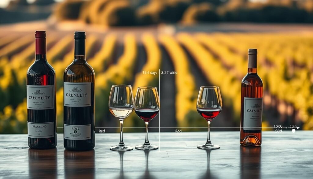 A beautifully organized wine timeline illustrating the lifespan of various wines after opening. In the foreground, a series of wine bottles, elegantly labeled, are displayed on a polished wooden table. Each bottle shows a different type of wine—red, white, rosé—each with a glass next to it. The middle ground features an artistic chart with clear markers indicating time limits for optimal drinking—1-3 days for sparkling, 3-5 days for white, and 5-7 days for red wines. The background should display a warm, inviting vineyard landscape, softly blurred, to evoke a sense of tranquility. Dim, natural lighting filters in, highlighting the rich colors of the wine and creating an intimate mood, perfect for an informative yet aesthetically pleasing image. A beautifully organized wine timeline illustrating the lifespan of various wines after opening. In the foreground, a series of wine bottles, elegantly labeled, are displayed on a polished wooden table. Each bottle shows a different type of wine—red, white, rosé—each with a glass next to it. The middle ground features an artistic chart with clear markers indicating time limits for optimal drinking—1-3 days for sparkling, 3-5 days for white, and 5-7 days for red wines. The background should display a warm, inviting vineyard landscape, softly blurred, to evoke a sense of tranquility. Dim, natural lighting filters in, highlighting the rich colors of the wine and creating an intimate mood, perfect for an informative yet aesthetically pleasing image.