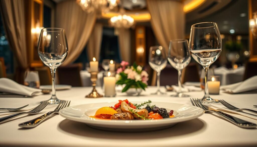 A beautifully set fine dining table in an upscale restaurant, featuring an elegant white tablecloth with delicate, polished silverware and crystal glassware. The foreground captures a pristine plate of gourmet cuisine artfully arranged, with vibrant colors and textures. In the middle ground, a small bouquet of fresh flowers adds a touch of sophistication, while ambient candlelight casts a warm, inviting glow. The background showcases an opulent interior with soft drapery, dim lighting, and subtle decor, enhancing the atmosphere of luxury and exclusivity. The scene is captured from a low angle, creating an intimate perspective that draws the viewer in, evoking a sense of refined elegance, perfect for illustrating the essence of fine dining today. A beautifully set fine dining table in an upscale restaurant, featuring an elegant white tablecloth with delicate, polished silverware and crystal glassware. The foreground captures a pristine plate of gourmet cuisine artfully arranged, with vibrant colors and textures. In the middle ground, a small bouquet of fresh flowers adds a touch of sophistication, while ambient candlelight casts a warm, inviting glow. The background showcases an opulent interior with soft drapery, dim lighting, and subtle decor, enhancing the atmosphere of luxury and exclusivity. The scene is captured from a low angle, creating an intimate perspective that draws the viewer in, evoking a sense of refined elegance, perfect for illustrating the essence of fine dining today.