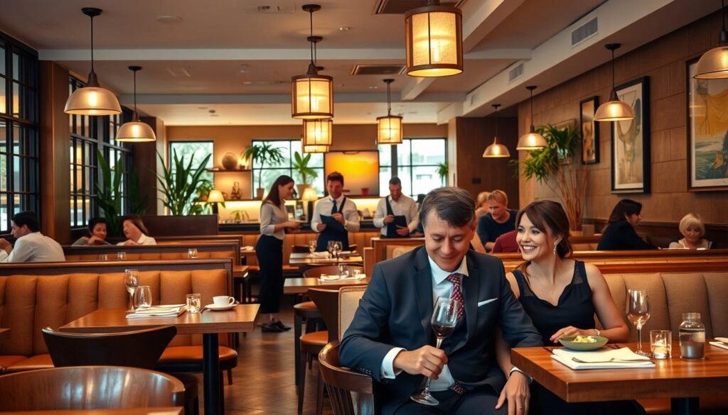 A cozy and inviting casual dining restaurant interior, featuring a blend of wooden tables and soft, plush seating. In the foreground, a well-dressed couple enjoying a meal, showcasing a relaxed yet sophisticated dining atmosphere. In the middle, waitstaff in smart casual attire attending to customers, with menus in hand and laughter filling the air. The background reveals warm, ambient lighting from pendant lamps, decorative plants, and artful wall décor, all contributing to a welcoming vibe. The angle captures the depth of the restaurant, emphasizing the bustling yet enjoyable ambiance. The scene evokes a sense of comfort and community, perfect for a casual gathering. A cozy and inviting casual dining restaurant interior, featuring a blend of wooden tables and soft, plush seating. In the foreground, a well-dressed couple enjoying a meal, showcasing a relaxed yet sophisticated dining atmosphere. In the middle, waitstaff in smart casual attire attending to customers, with menus in hand and laughter filling the air. The background reveals warm, ambient lighting from pendant lamps, decorative plants, and artful wall décor, all contributing to a welcoming vibe. The angle captures the depth of the restaurant, emphasizing the bustling yet enjoyable ambiance. The scene evokes a sense of comfort and community, perfect for a casual gathering.