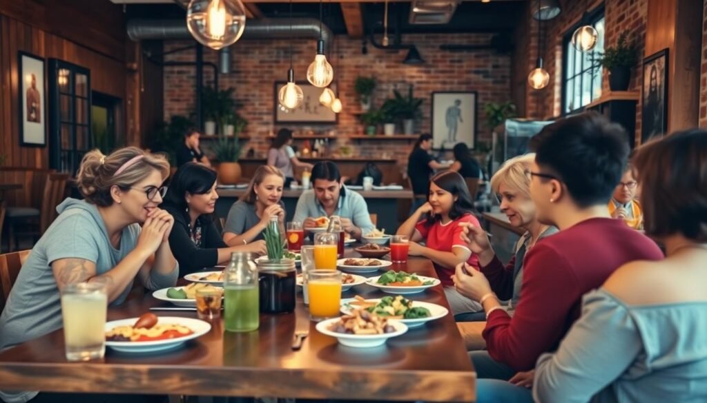 A cozy casual dining restaurant interior, featuring warm wood tones and soft ambient lighting. In the foreground, a beautifully set table with an array of colorful dishes and drinks, hinting at a relaxed dining experience. In the middle ground, a diverse group of people in modest casual clothing enjoying their meals and engaging in friendly conversation, capturing the essence of community and comfort. In the background, the restaurant's decor includes rustic elements like exposed brick walls, hanging Edison bulbs, and potted plants, enhancing the inviting atmosphere. The perspective should be a wide angle to showcase the bustling environment, with soft focus on the background to draw attention to the vibrant scene of communal dining. The overall mood is welcoming and lively, emphasizing the essence of casual dining. A cozy casual dining restaurant interior, featuring warm wood tones and soft ambient lighting. In the foreground, a beautifully set table with an array of colorful dishes and drinks, hinting at a relaxed dining experience. In the middle ground, a diverse group of people in modest casual clothing enjoying their meals and engaging in friendly conversation, capturing the essence of community and comfort. In the background, the restaurant's decor includes rustic elements like exposed brick walls, hanging Edison bulbs, and potted plants, enhancing the inviting atmosphere. The perspective should be a wide angle to showcase the bustling environment, with soft focus on the background to draw attention to the vibrant scene of communal dining. The overall mood is welcoming and lively, emphasizing the essence of casual dining.