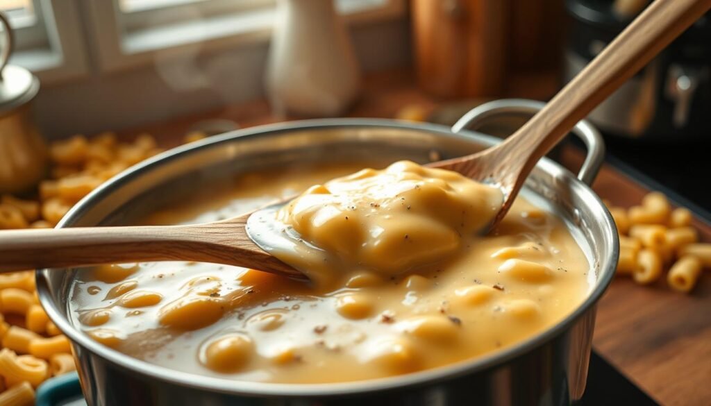 A creamy, luscious stovetop mac and cheese sauce bubbling gently in a medium-sized stainless steel saucepan. The sauce features a rich, golden hue, interspersed with tiny flecks of black pepper and hints of melted cheese texture. In the foreground, a wooden spoon rests against the edge of the pot, with a small portion of sauce draped on it, showcasing its thickness and consistency. In the middle ground, there are uncooked elbow macaroni scattered around, suggesting the meal in preparation. The kitchen background is softly blurred, illuminated by warm, natural light streaming in from a nearby window, creating a cozy, inviting atmosphere. The scene conveys a sense of comfort and home cooking, perfect for a stovetop mac and cheese experience without milk. A creamy, luscious stovetop mac and cheese sauce bubbling gently in a medium-sized stainless steel saucepan. The sauce features a rich, golden hue, interspersed with tiny flecks of black pepper and hints of melted cheese texture. In the foreground, a wooden spoon rests against the edge of the pot, with a small portion of sauce draped on it, showcasing its thickness and consistency. In the middle ground, there are uncooked elbow macaroni scattered around, suggesting the meal in preparation. The kitchen background is softly blurred, illuminated by warm, natural light streaming in from a nearby window, creating a cozy, inviting atmosphere. The scene conveys a sense of comfort and home cooking, perfect for a stovetop mac and cheese experience without milk.