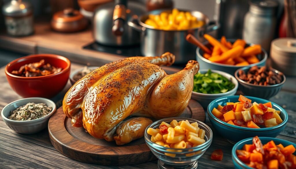 A delicious, golden-brown roasted chicken as the centerpiece, glistening with spices, placed on a rustic wooden table. Surrounding the chicken are vibrant bowls filled with various mix-ins for mac and cheese, such as sautéed garlic, fresh herbs, crumbled bacon, and colorful diced bell peppers. Soft, warm lighting drapes over the scene, creating an inviting atmosphere, while the focus is captured from a top-down angle, showcasing the textures of the food. In the background, a softly blurred kitchen setting hints at a cozy home cooking environment, with cookware and ingredients subtly illuminated to emphasize the theme of flavor and comfort in cooking. No text or branding is present, ensuring a clean and professional appearance. A delicious, golden-brown roasted chicken as the centerpiece, glistening with spices, placed on a rustic wooden table. Surrounding the chicken are vibrant bowls filled with various mix-ins for mac and cheese, such as sautéed garlic, fresh herbs, crumbled bacon, and colorful diced bell peppers. Soft, warm lighting drapes over the scene, creating an inviting atmosphere, while the focus is captured from a top-down angle, showcasing the textures of the food. In the background, a softly blurred kitchen setting hints at a cozy home cooking environment, with cookware and ingredients subtly illuminated to emphasize the theme of flavor and comfort in cooking. No text or branding is present, ensuring a clean and professional appearance.