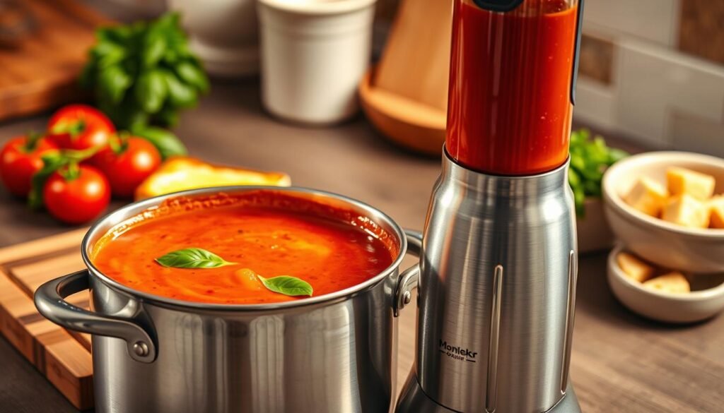 A large pot immersion blender, elegantly positioned in the foreground, is blending a vibrant, creamy tomato soup, with rich red hues and flecks of basil visible. The blender's stainless steel body gleams under warm, soft kitchen lighting, reflecting glimmers of light that enhance its sleek design. In the middle ground, a rustic wooden cutting board showcases grilled cheese sandwiches cut into triangles, their golden crust catching the light. The background features a kitchen countertop adorned with fresh ingredients: ripe tomatoes, a handful of basil leaves, and a light-colored ceramic bowl filled with croutons. The overall atmosphere is warm and inviting, suggesting a cozy kitchen where delicious textures and flavors come together. Capture this scene from a slightly elevated angle to emphasize the blender’s blending action. A large pot immersion blender, elegantly positioned in the foreground, is blending a vibrant, creamy tomato soup, with rich red hues and flecks of basil visible. The blender's stainless steel body gleams under warm, soft kitchen lighting, reflecting glimmers of light that enhance its sleek design. In the middle ground, a rustic wooden cutting board showcases grilled cheese sandwiches cut into triangles, their golden crust catching the light. The background features a kitchen countertop adorned with fresh ingredients: ripe tomatoes, a handful of basil leaves, and a light-colored ceramic bowl filled with croutons. The overall atmosphere is warm and inviting, suggesting a cozy kitchen where delicious textures and flavors come together. Capture this scene from a slightly elevated angle to emphasize the blender’s blending action.