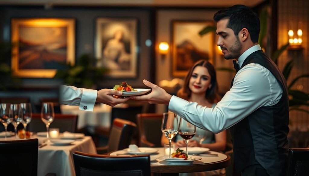 A luxurious fine dining restaurant scene showcasing impeccable service standards. In the foreground, a well-dressed waiter in a crisp white shirt and black vest is attentively serving a beautifully plated gourmet dish to a elegantly dressed couple enjoying their meal at an intimate table. In the middle ground, intricately set tables with sparkling glassware and fine china, complete with candlelight creating a warm ambiance. The background features soft, warm lighting that highlights sophisticated decor, including artwork and lush plants. The mood is one of elegance and refinement, encapsulating the essence of fine dining etiquette. Use a shallow depth of field to emphasize the waiter and couple, with soft bokeh effect on surrounding elements to enhance the intimate atmosphere. A luxurious fine dining restaurant scene showcasing impeccable service standards. In the foreground, a well-dressed waiter in a crisp white shirt and black vest is attentively serving a beautifully plated gourmet dish to a elegantly dressed couple enjoying their meal at an intimate table. In the middle ground, intricately set tables with sparkling glassware and fine china, complete with candlelight creating a warm ambiance. The background features soft, warm lighting that highlights sophisticated decor, including artwork and lush plants. The mood is one of elegance and refinement, encapsulating the essence of fine dining etiquette. Use a shallow depth of field to emphasize the waiter and couple, with soft bokeh effect on surrounding elements to enhance the intimate atmosphere.