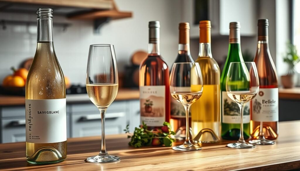 A serene kitchen scene featuring an artistically arranged selection of white wines and rosé bottles on a stylish wooden countertop. In the foreground, a chilled bottle of crisp Sauvignon Blanc with condensation glistening on the glass, beside a delicate flute filled with pale wine. In the middle ground, elegant rosé bottles with artistic labels, some partially filled glasses catching the soft light. The background shows a slightly blurred kitchen with fresh herbs and fruits, hinting at freshness and culinary inspiration. Soft, natural light filters through a window, creating a warm, inviting atmosphere. Use a shallow depth of field to emphasize the wines, with a focus on the textures of the bottles and glasses. Aim for an uplifting mood that celebrates these refreshing beverages. A serene kitchen scene featuring an artistically arranged selection of white wines and rosé bottles on a stylish wooden countertop. In the foreground, a chilled bottle of crisp Sauvignon Blanc with condensation glistening on the glass, beside a delicate flute filled with pale wine. In the middle ground, elegant rosé bottles with artistic labels, some partially filled glasses catching the soft light. The background shows a slightly blurred kitchen with fresh herbs and fruits, hinting at freshness and culinary inspiration. Soft, natural light filters through a window, creating a warm, inviting atmosphere. Use a shallow depth of field to emphasize the wines, with a focus on the textures of the bottles and glasses. Aim for an uplifting mood that celebrates these refreshing beverages.