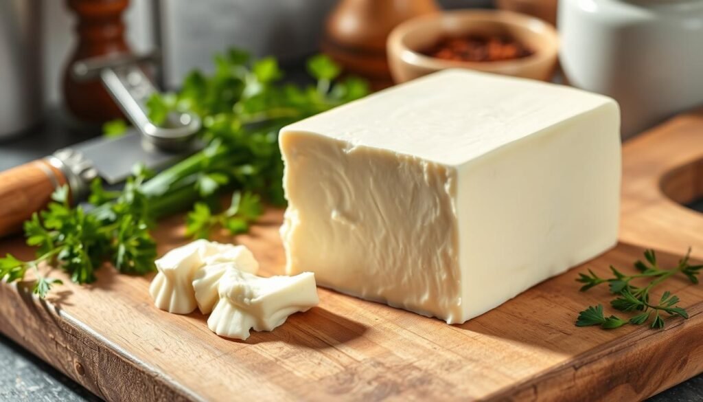 A smooth and creamy block of cream cheese sits elegantly on a rustic wooden cutting board. The surface is slightly glistening, showcasing its rich texture. Surrounding the cream cheese are fresh herbs like chives and parsley, adding vibrant green contrasts. In the background, softly blurred kitchen elements, such as a vintage cheese knife and a small bowl of spices, evoke a cozy cooking atmosphere. The natural lighting filters in from the left, casting gentle shadows and highlighting the smooth surface of the cream cheese. The image is captured from a slightly elevated angle, focusing on the creamy spread while maintaining a warm and inviting mood, perfect for illustrating the idea of delicious, milk-free mac and cheese. A smooth and creamy block of cream cheese sits elegantly on a rustic wooden cutting board. The surface is slightly glistening, showcasing its rich texture. Surrounding the cream cheese are fresh herbs like chives and parsley, adding vibrant green contrasts. In the background, softly blurred kitchen elements, such as a vintage cheese knife and a small bowl of spices, evoke a cozy cooking atmosphere. The natural lighting filters in from the left, casting gentle shadows and highlighting the smooth surface of the cream cheese. The image is captured from a slightly elevated angle, focusing on the creamy spread while maintaining a warm and inviting mood, perfect for illustrating the idea of delicious, milk-free mac and cheese.