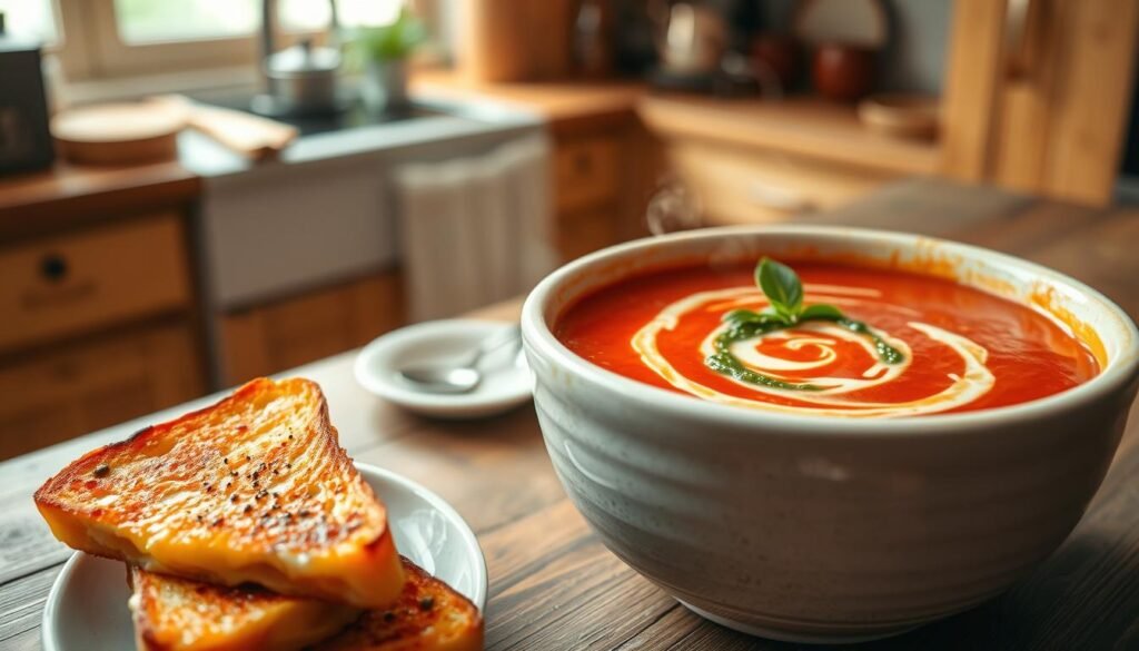 A steaming bowl of rich, vibrant red tomato soup, garnished with a swirl of fresh basil pesto drizzled on top. The soup is artfully presented in a rustic white ceramic bowl, sitting on a wooden table, creating a warm and inviting atmosphere. In the foreground, there are a few slices of golden, crispy grilled cheese sandwich, slightly melted, with cheese oozing out. In the middle ground, a small plate holds a sprinkle of black pepper and a spoon, hinting at the meal’s flavors. The background softly fades into a cozy kitchen, bathed in natural light from a nearby window, illuminating the scene and adding a homely touch. The overall mood is comforting and nutritious, perfect for a meal that balances indulgence with health. A steaming bowl of rich, vibrant red tomato soup, garnished with a swirl of fresh basil pesto drizzled on top. The soup is artfully presented in a rustic white ceramic bowl, sitting on a wooden table, creating a warm and inviting atmosphere. In the foreground, there are a few slices of golden, crispy grilled cheese sandwich, slightly melted, with cheese oozing out. In the middle ground, a small plate holds a sprinkle of black pepper and a spoon, hinting at the meal’s flavors. The background softly fades into a cozy kitchen, bathed in natural light from a nearby window, illuminating the scene and adding a homely touch. The overall mood is comforting and nutritious, perfect for a meal that balances indulgence with health.