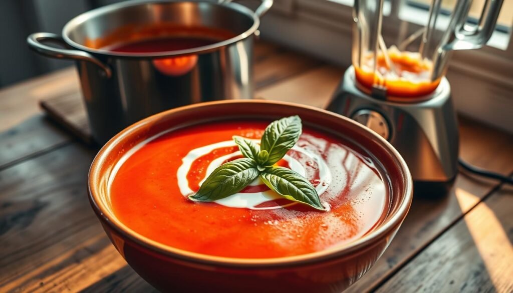 A warm bowl of vibrant tomato soup is the focal point, radiating rich, deep reds and a glossy surface topped with a swirl of cream and fresh basil leaves, adding a touch of green. Surrounding the bowl is a rustic wooden table, with an inviting pot simmering with the remaining soup in the background. A sleek blender sits off to one side, showcasing the transition from pot to bowl. The scene is softly lit with golden hour sunlight filtering through a nearby window, casting gentle shadows that enhance the cozy atmosphere. Captured from a slightly elevated angle, the composition conveys a sense of home-cooked comfort, perfect for a nurturing and healthy meal experience. A warm bowl of vibrant tomato soup is the focal point, radiating rich, deep reds and a glossy surface topped with a swirl of cream and fresh basil leaves, adding a touch of green. Surrounding the bowl is a rustic wooden table, with an inviting pot simmering with the remaining soup in the background. A sleek blender sits off to one side, showcasing the transition from pot to bowl. The scene is softly lit with golden hour sunlight filtering through a nearby window, casting gentle shadows that enhance the cozy atmosphere. Captured from a slightly elevated angle, the composition conveys a sense of home-cooked comfort, perfect for a nurturing and healthy meal experience.